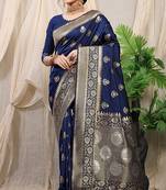 Navy blue banarasi silk blend saree with rich zari woven border