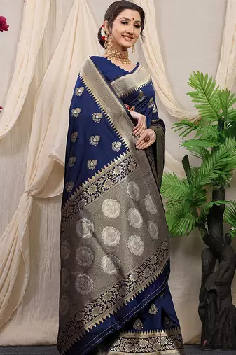 Navy blue banarasi silk blend saree with rich zari woven border