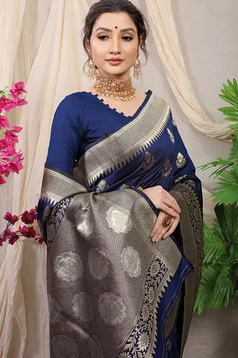 Navy blue banarasi silk blend saree with rich zari woven border