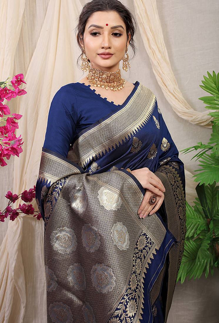 Navy blue banarasi silk blend saree with rich zari woven border