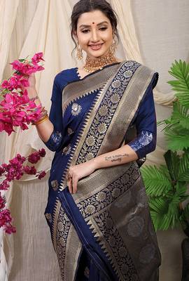 Navy blue banarasi silk blend saree with rich zari woven border 4