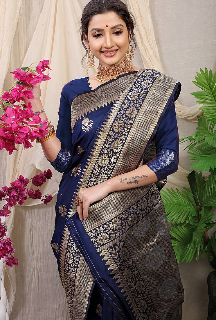 Navy blue banarasi silk blend saree with rich zari woven border