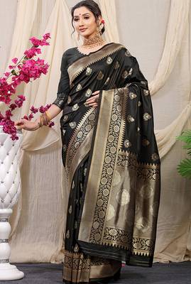 Black banarasi silk blend saree with rich zari woven border 1