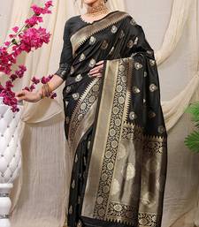 Black banarasi silk blend saree with rich zari woven border