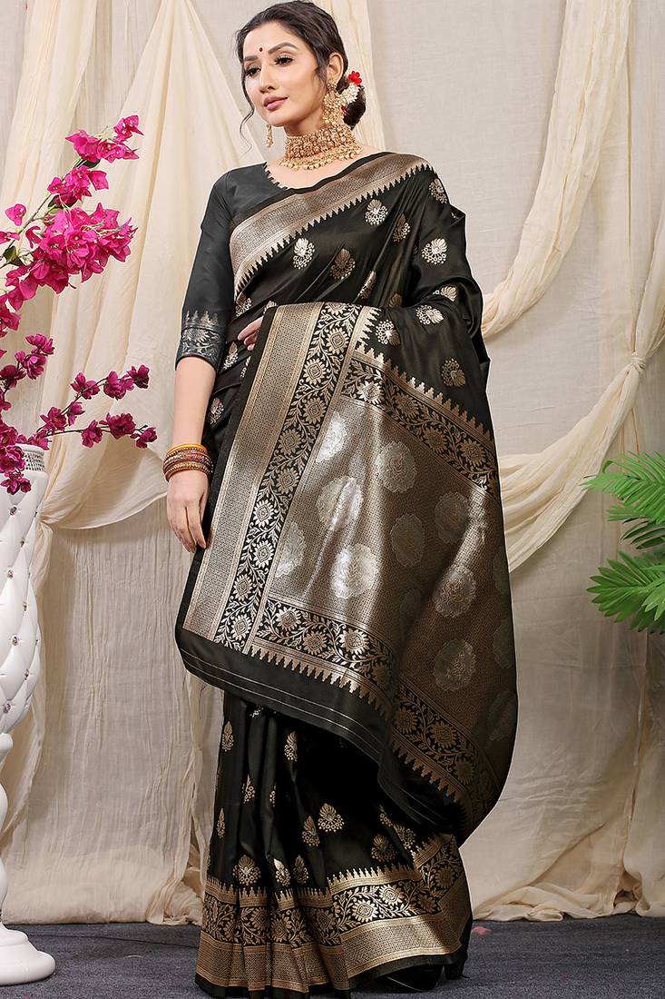 Black banarasi silk blend saree with rich zari woven border