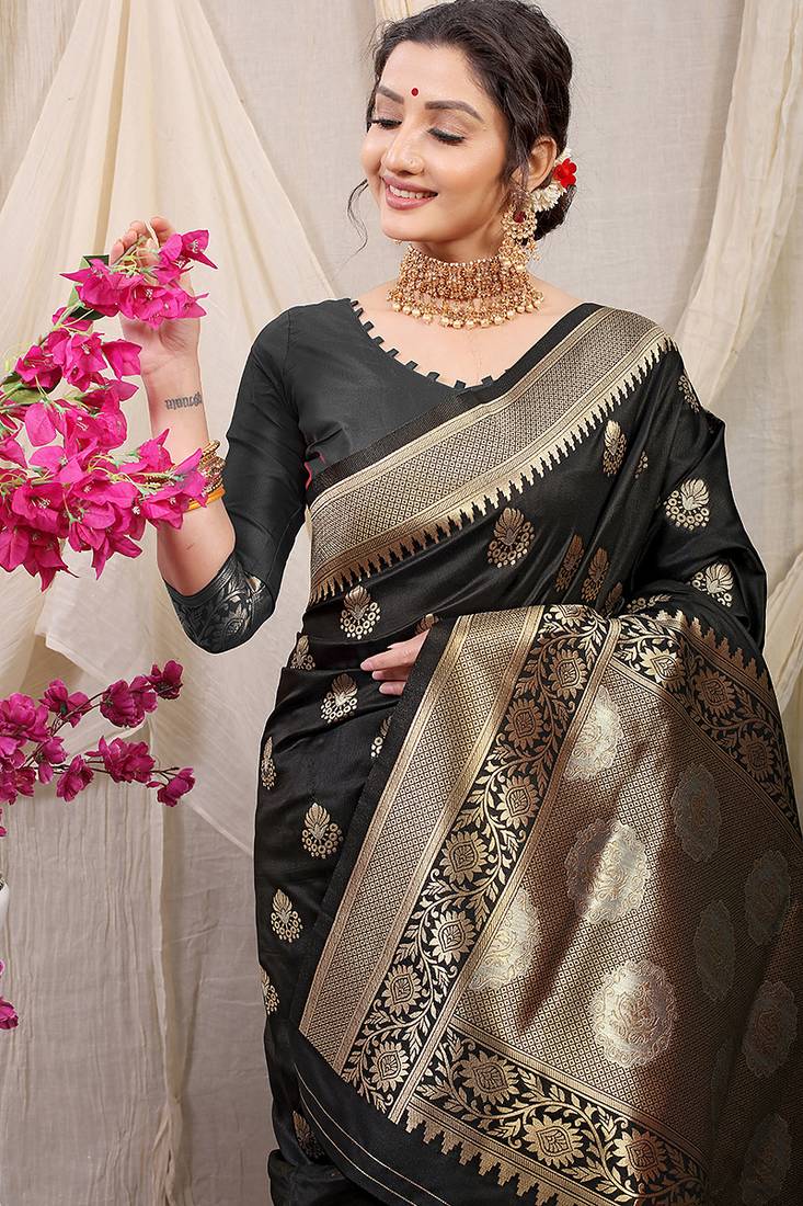 Black banarasi silk blend saree with rich zari woven border
