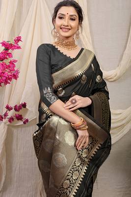 Black banarasi silk blend saree with rich zari woven border 4