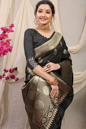 Black banarasi silk blend saree with rich zari woven border