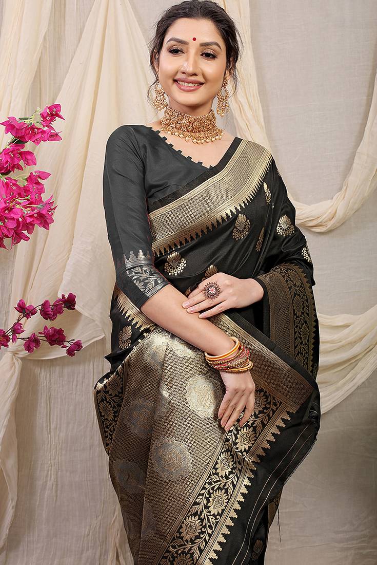 Black banarasi silk blend saree with rich zari woven border