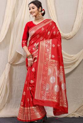 Red banarasi silk blend saree with rich zari woven border 1