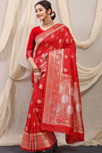 Red banarasi silk blend saree with rich zari woven border