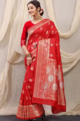 Red banarasi silk blend saree with rich zari woven border