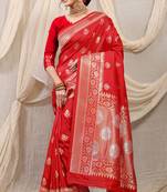 Red banarasi silk blend saree with rich zari woven border