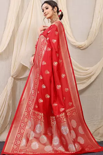 Red banarasi silk blend saree with rich zari woven border