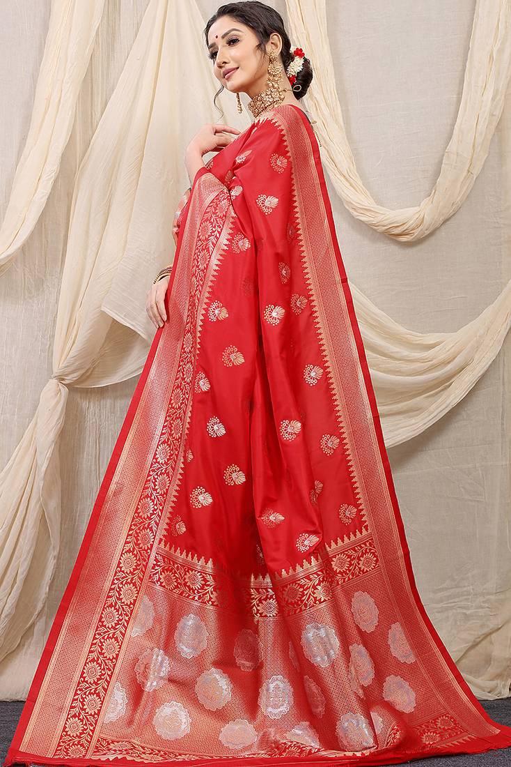 Red banarasi silk blend saree with rich zari woven border
