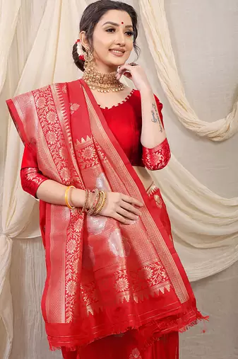 Red banarasi silk blend saree with rich zari woven border
