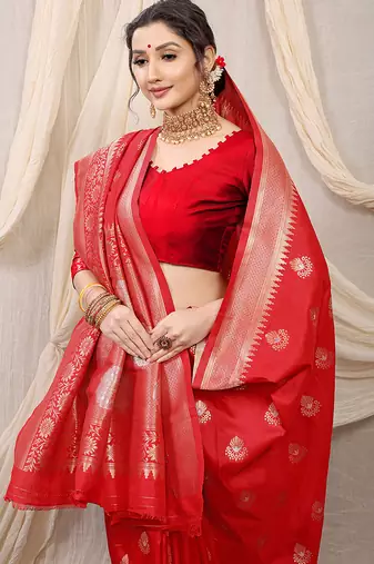Red banarasi silk blend saree with rich zari woven border