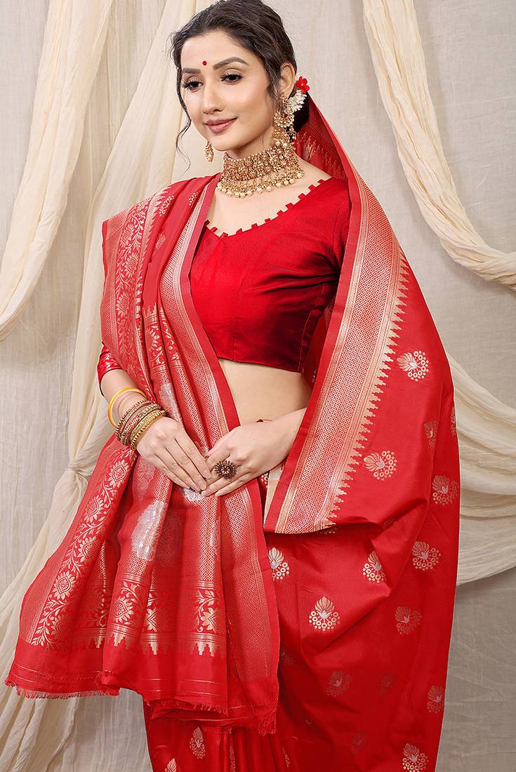 Red banarasi silk blend saree with rich zari woven border