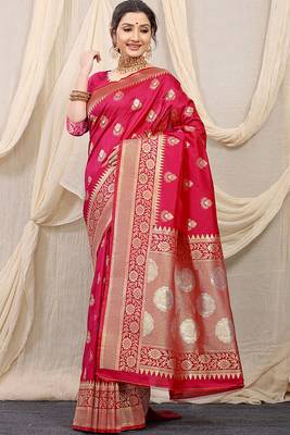 Rani pink banarasi silk blend saree with rich zari woven border 1