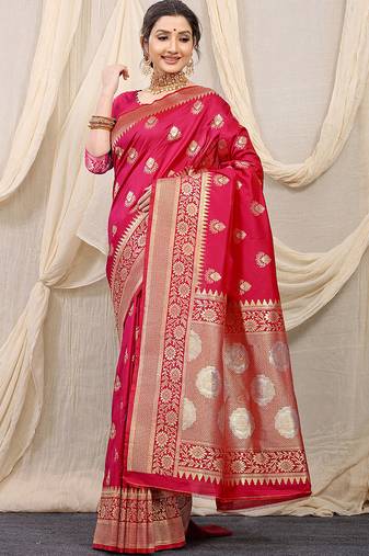 Rani pink banarasi silk blend saree with rich zari woven border