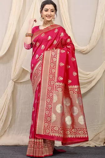 Rani pink banarasi silk blend saree with rich zari woven border