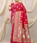 Rani pink banarasi silk blend saree with rich zari woven border