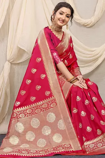 Rani pink banarasi silk blend saree with rich zari woven border