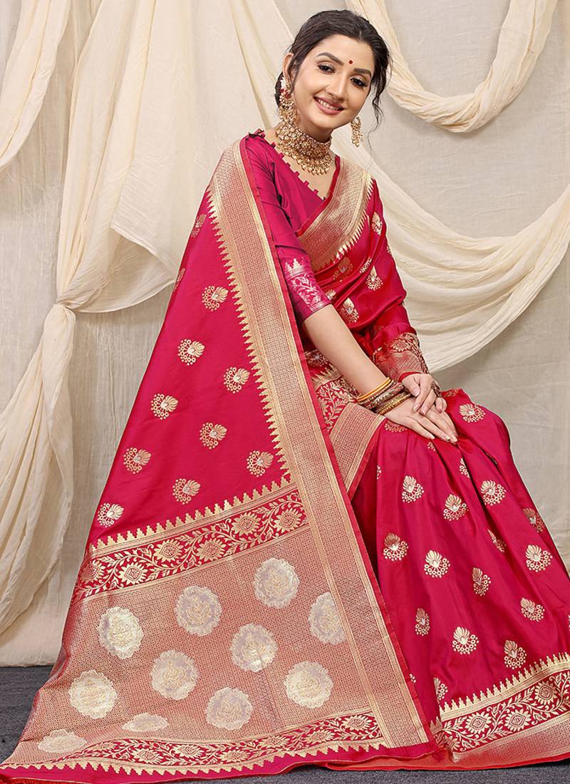 Rani pink banarasi silk blend saree with rich zari woven border