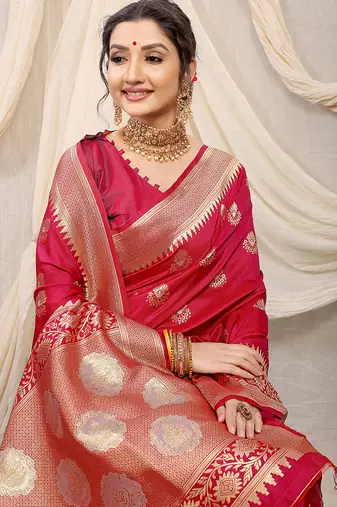 Rani pink banarasi silk blend saree with rich zari woven border