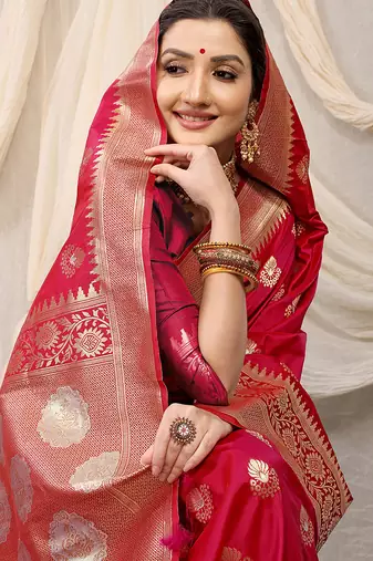 Rani pink banarasi silk blend saree with rich zari woven border