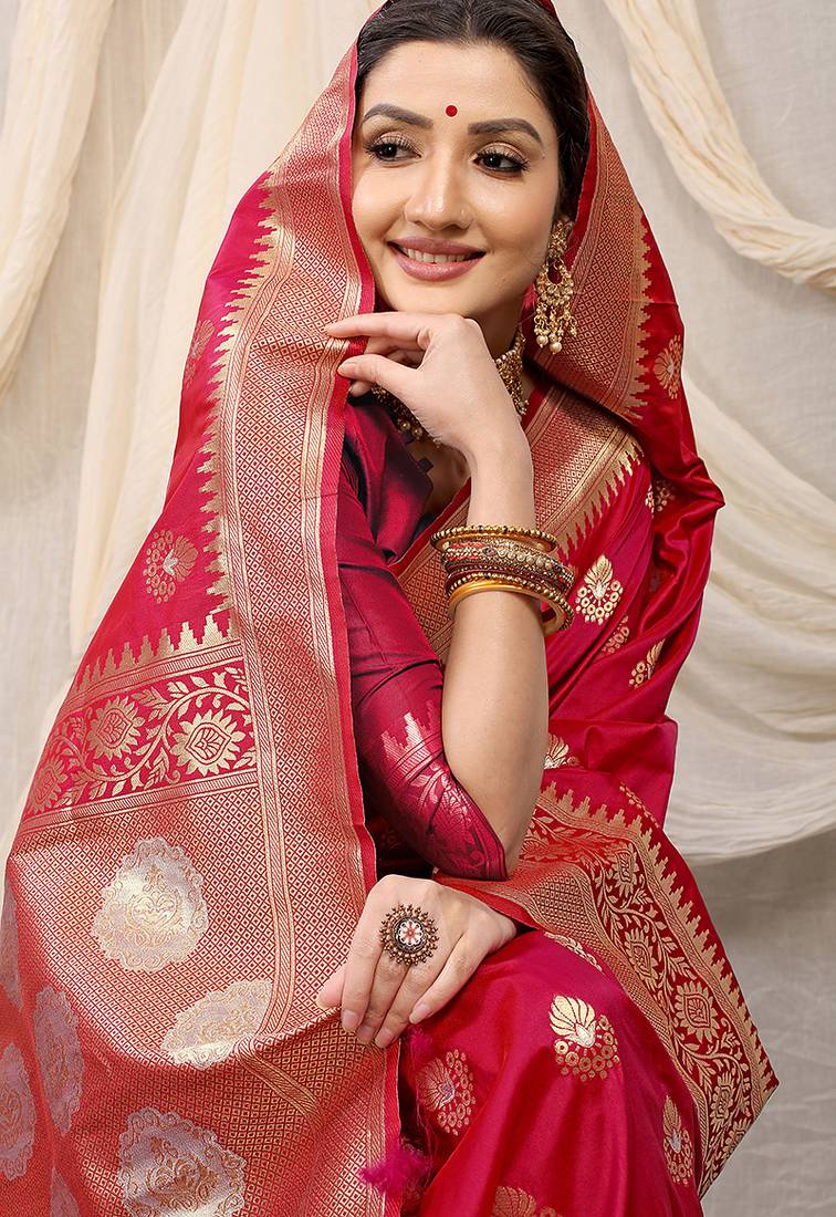 Rani pink banarasi silk blend saree with rich zari woven border