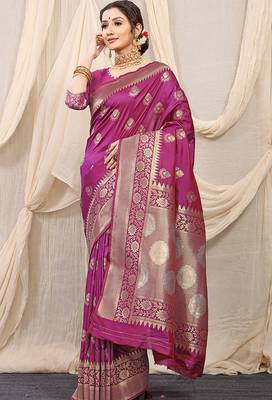 Magenta purple banarasi silk blend saree with rich zari woven border 1