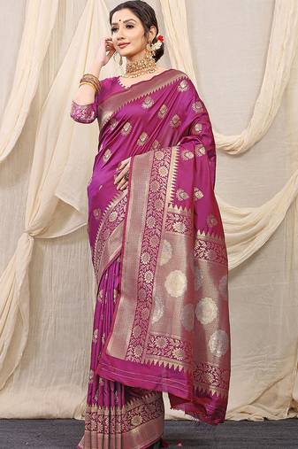 Magenta purple banarasi silk blend saree with rich zari woven border