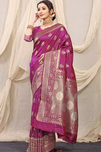 Magenta purple banarasi silk blend saree with rich zari woven border
