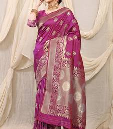 Magenta purple banarasi silk blend saree with rich zari woven border