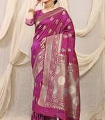 Magenta purple banarasi silk blend saree with rich zari woven border