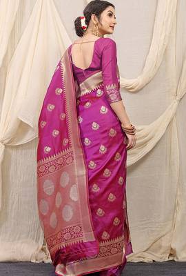 Magenta purple banarasi silk blend saree with rich zari woven border 2