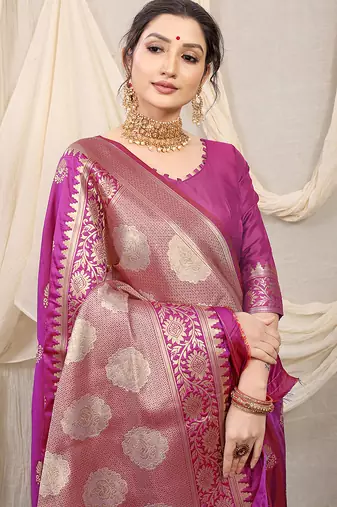 Magenta purple banarasi silk blend saree with rich zari woven border