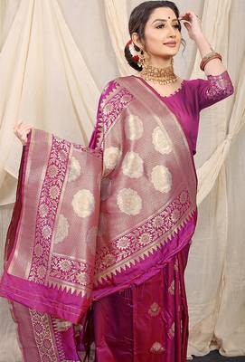 Magenta purple banarasi silk blend saree with rich zari woven border 4
