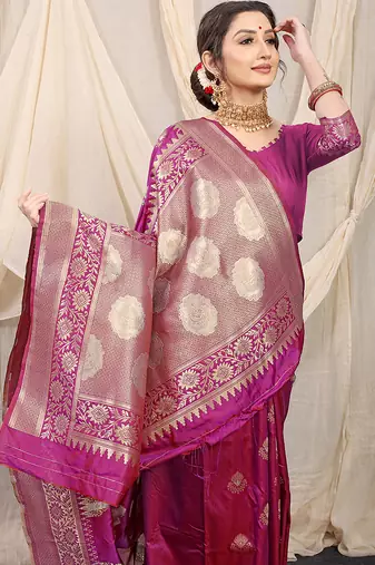 Magenta purple banarasi silk blend saree with rich zari woven border