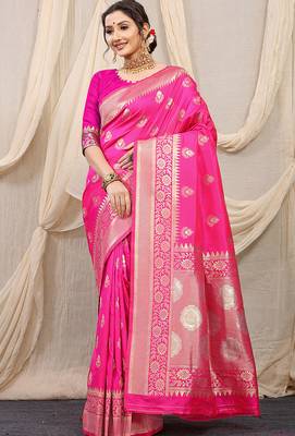 Rani pink banarasi silk blend saree with rich zari woven border 1