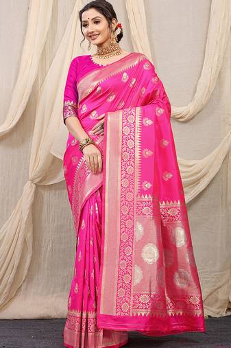 Rani pink banarasi silk blend saree with rich zari woven border