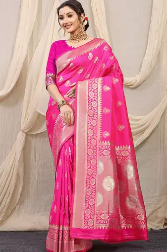 Rani pink banarasi silk blend saree with rich zari woven border