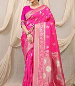 Rani pink banarasi silk blend saree with rich zari woven border