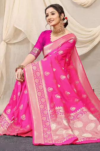 Rani pink banarasi silk blend saree with rich zari woven border