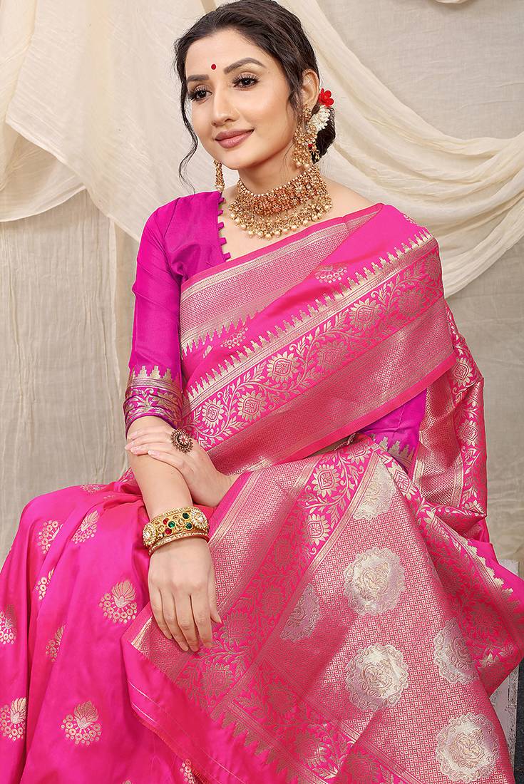 Rani pink banarasi silk blend saree with rich zari woven border