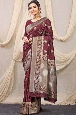 Maroon banarasi silk blend saree with rich zari woven border 1