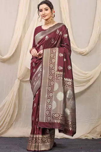 Maroon banarasi silk blend saree with rich zari woven border