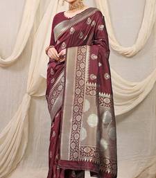 Maroon banarasi silk blend saree with rich zari woven border