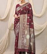 Maroon banarasi silk blend saree with rich zari woven border